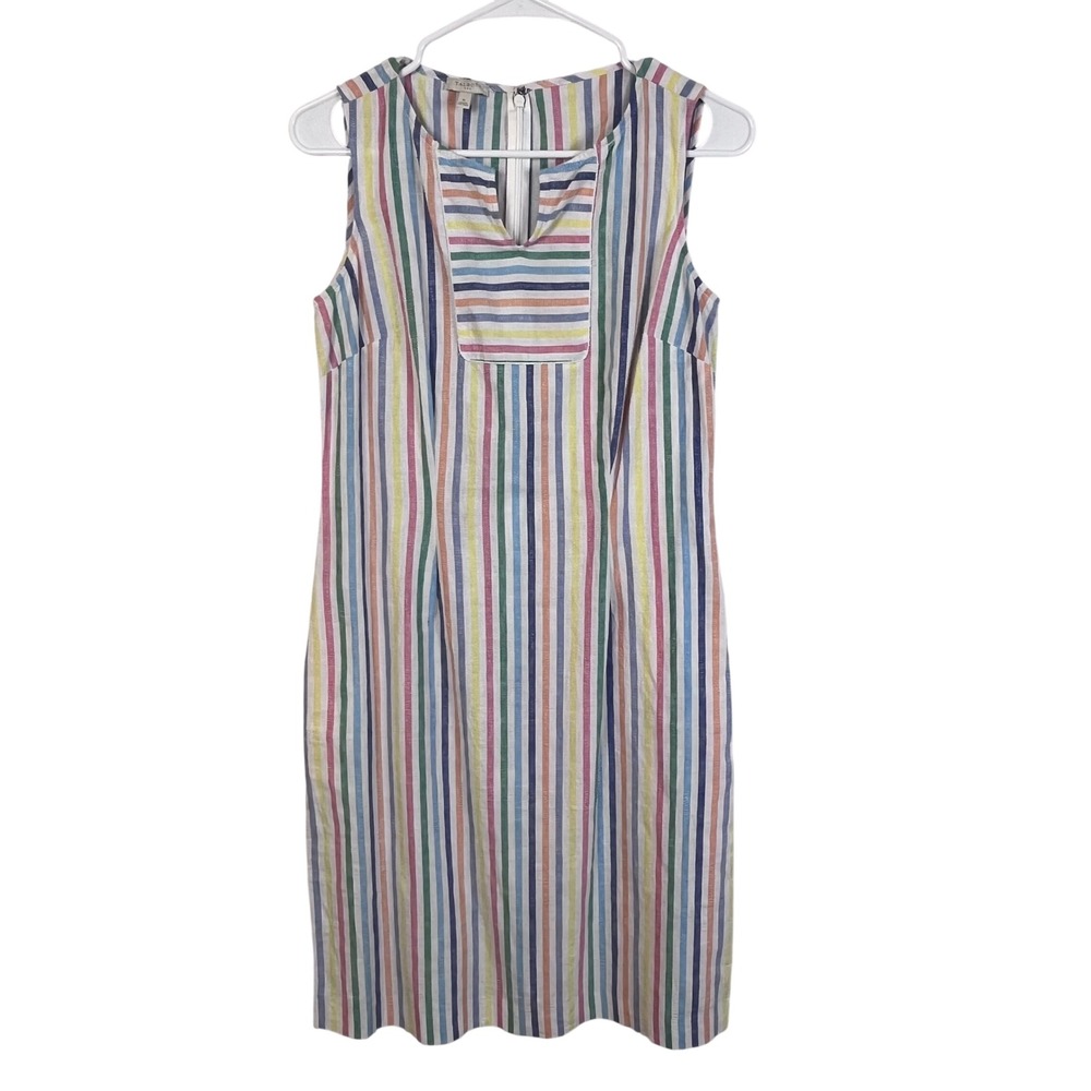 Talbots‎  Striped Rainbow Sleeveless Dress Size 6 Linen Cotton Pockets (B584)